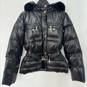 Michael Kors Glossy Down Puffer Jacket w/ Rabbit Fur Hood Trim | M